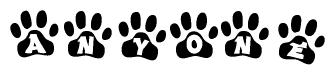 The image shows a series of animal paw prints arranged horizontally. Within each paw print, there's a letter; together they spell Anyone