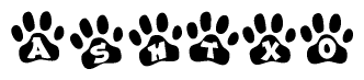 The image shows a row of animal paw prints, each containing a letter. The letters spell out the word Ashtxo within the paw prints.