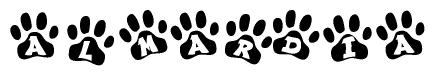 The image shows a row of animal paw prints, each containing a letter. The letters spell out the word Almardia within the paw prints.