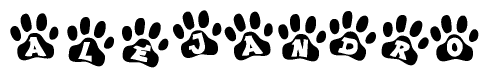 The image shows a row of animal paw prints, each containing a letter. The letters spell out the word Alejandro within the paw prints.