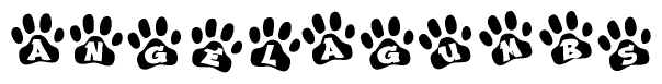 The image shows a row of animal paw prints, each containing a letter. The letters spell out the word Angelagumbs within the paw prints.