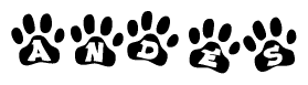 The image shows a row of animal paw prints, each containing a letter. The letters spell out the word Andes within the paw prints.