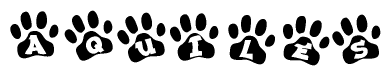 The image shows a series of animal paw prints arranged in a horizontal line. Each paw print contains a letter, and together they spell out the word Aquiles.