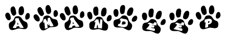 The image shows a series of animal paw prints arranged in a horizontal line. Each paw print contains a letter, and together they spell out the word Amandeep.