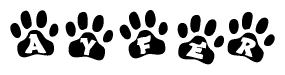 The image shows a row of animal paw prints, each containing a letter. The letters spell out the word Ayfer within the paw prints.