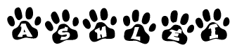 The image shows a row of animal paw prints, each containing a letter. The letters spell out the word Ashlei within the paw prints.