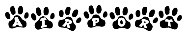The image shows a row of animal paw prints, each containing a letter. The letters spell out the word Airport within the paw prints.