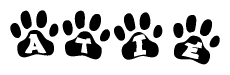 The image shows a row of animal paw prints, each containing a letter. The letters spell out the word Atie within the paw prints.