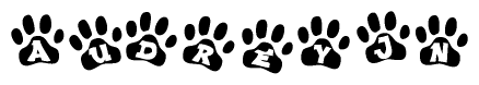 The image shows a series of animal paw prints arranged in a horizontal line. Each paw print contains a letter, and together they spell out the word Audreyjn.