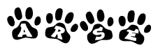 The image shows a row of animal paw prints, each containing a letter. The letters spell out the word Arse within the paw prints.