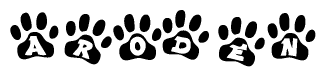 The image shows a series of animal paw prints arranged horizontally. Within each paw print, there's a letter; together they spell Aroden
