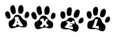 The image shows a series of animal paw prints arranged horizontally. Within each paw print, there's a letter; together they spell Axel