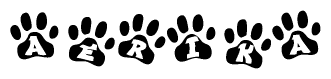 The image shows a series of animal paw prints arranged horizontally. Within each paw print, there's a letter; together they spell Aerika