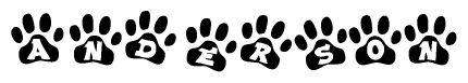The image shows a series of animal paw prints arranged in a horizontal line. Each paw print contains a letter, and together they spell out the word Anderson.