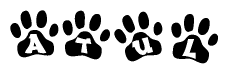 The image shows a series of animal paw prints arranged in a horizontal line. Each paw print contains a letter, and together they spell out the word Atul.