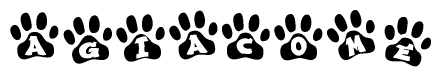 The image shows a series of animal paw prints arranged in a horizontal line. Each paw print contains a letter, and together they spell out the word Agiacome.