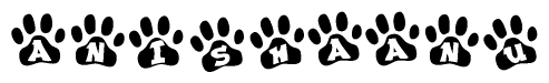The image shows a series of animal paw prints arranged in a horizontal line. Each paw print contains a letter, and together they spell out the word Anishaanu.
