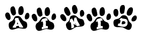 The image shows a row of animal paw prints, each containing a letter. The letters spell out the word Aimid within the paw prints.