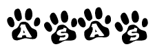 The image shows a row of animal paw prints, each containing a letter. The letters spell out the word Asas within the paw prints.