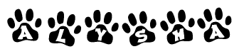 The image shows a series of animal paw prints arranged horizontally. Within each paw print, there's a letter; together they spell Alysha