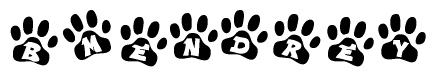 The image shows a series of animal paw prints arranged in a horizontal line. Each paw print contains a letter, and together they spell out the word Bmendrey.