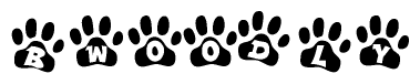 The image shows a series of animal paw prints arranged in a horizontal line. Each paw print contains a letter, and together they spell out the word Bwoodly.