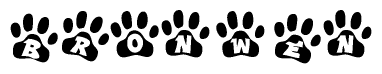 The image shows a series of animal paw prints arranged in a horizontal line. Each paw print contains a letter, and together they spell out the word Bronwen.