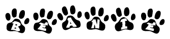 The image shows a row of animal paw prints, each containing a letter. The letters spell out the word Beanie within the paw prints.