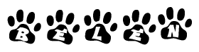 The image shows a series of animal paw prints arranged in a horizontal line. Each paw print contains a letter, and together they spell out the word Belen.