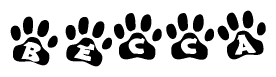 The image shows a series of animal paw prints arranged in a horizontal line. Each paw print contains a letter, and together they spell out the word Becca.