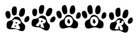 The image shows a row of animal paw prints, each containing a letter. The letters spell out the word Brook within the paw prints.