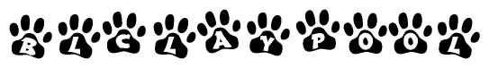 The image shows a series of animal paw prints arranged horizontally. Within each paw print, there's a letter; together they spell Blclaypool