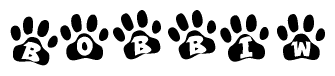 The image shows a series of animal paw prints arranged in a horizontal line. Each paw print contains a letter, and together they spell out the word Bobbiw.
