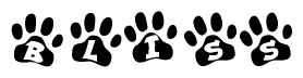 The image shows a series of animal paw prints arranged horizontally. Within each paw print, there's a letter; together they spell Bliss