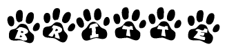 The image shows a series of animal paw prints arranged horizontally. Within each paw print, there's a letter; together they spell Britte