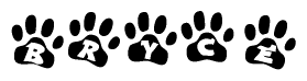 The image shows a series of animal paw prints arranged in a horizontal line. Each paw print contains a letter, and together they spell out the word Bryce.