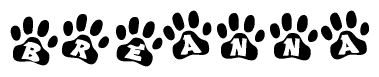 The image shows a series of animal paw prints arranged horizontally. Within each paw print, there's a letter; together they spell Breanna