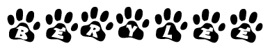 The image shows a row of animal paw prints, each containing a letter. The letters spell out the word Berylee within the paw prints.