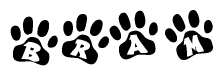 The image shows a series of animal paw prints arranged in a horizontal line. Each paw print contains a letter, and together they spell out the word Bram.