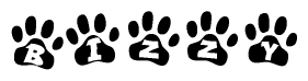 The image shows a row of animal paw prints, each containing a letter. The letters spell out the word Bizzy within the paw prints.