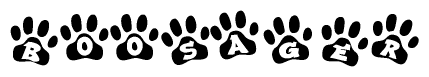 The image shows a series of animal paw prints arranged in a horizontal line. Each paw print contains a letter, and together they spell out the word Boosager.