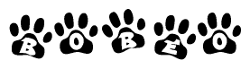 The image shows a series of animal paw prints arranged in a horizontal line. Each paw print contains a letter, and together they spell out the word Bobeo.