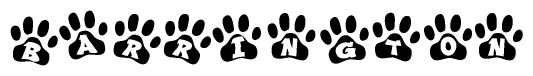 The image shows a series of animal paw prints arranged in a horizontal line. Each paw print contains a letter, and together they spell out the word Barrington.