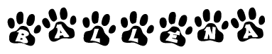 The image shows a series of animal paw prints arranged in a horizontal line. Each paw print contains a letter, and together they spell out the word Ballena.