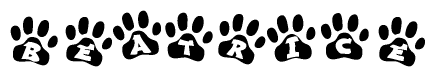 The image shows a series of animal paw prints arranged in a horizontal line. Each paw print contains a letter, and together they spell out the word Beatrice.