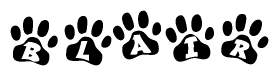 The image shows a series of animal paw prints arranged in a horizontal line. Each paw print contains a letter, and together they spell out the word Blair.