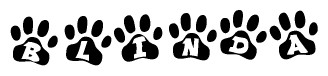 The image shows a row of animal paw prints, each containing a letter. The letters spell out the word Blinda within the paw prints.