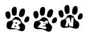 The image shows a row of animal paw prints, each containing a letter. The letters spell out the word Ben within the paw prints.