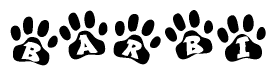 The image shows a series of animal paw prints arranged horizontally. Within each paw print, there's a letter; together they spell Barbi