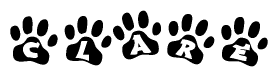The image shows a row of animal paw prints, each containing a letter. The letters spell out the word Clare within the paw prints.